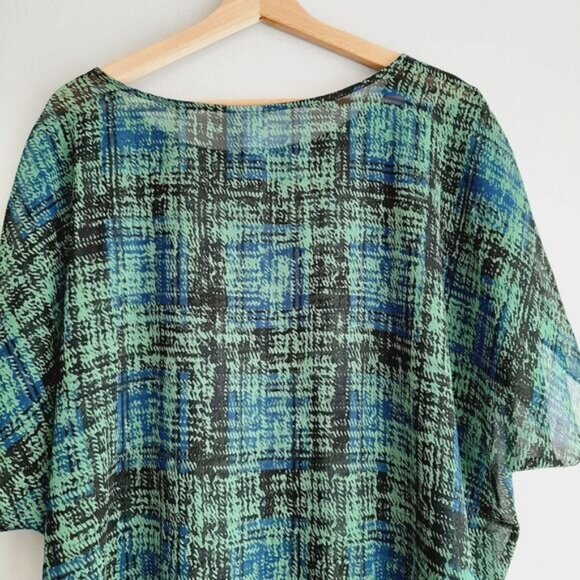 CABI Semisheer Asymmetrical Hem Light Blouse Top Green & Blue Sz L - Picture 7 of 10